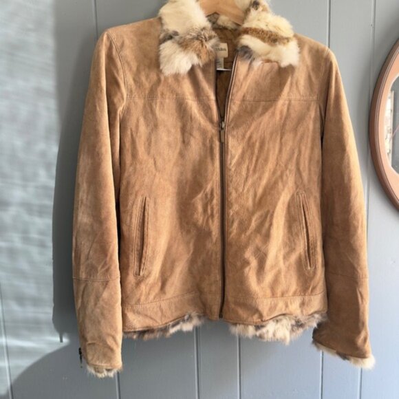Vintage Suede Fur Trim Jacket Rabbit Collar Cuffs Y2K Mob Wife Boho Chic Medium - Picture 1 of 12